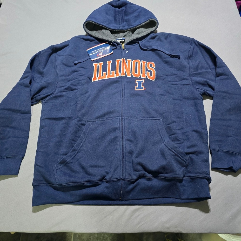 Pro Player Illinois Hoodie Mens XL Navy Sherpa Lined Zip NWT NCAA‎ deadstock